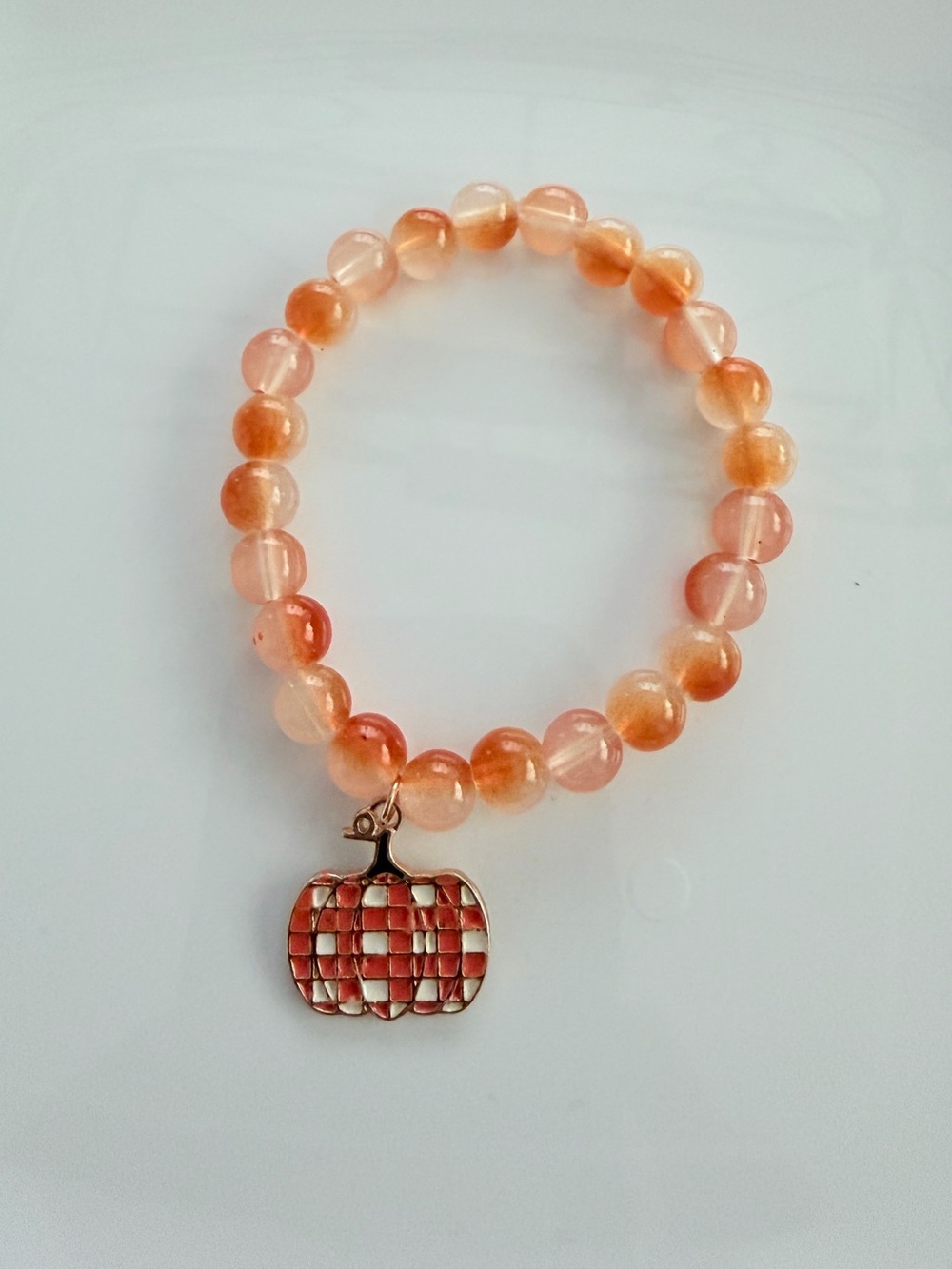 Peach Bead Bracelet with Fall Pumpkin Charm